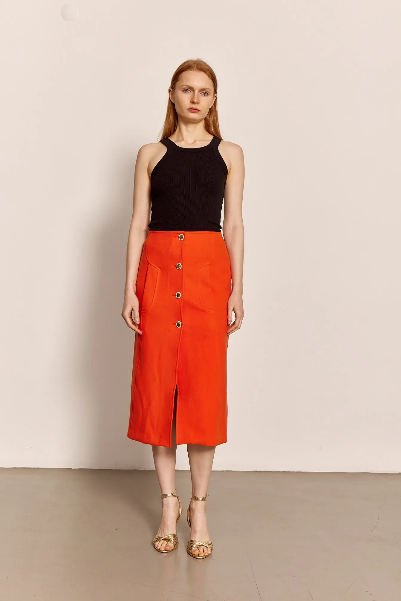 0 Wool Cashmere Angie Tea Length Skirt in Tangerine