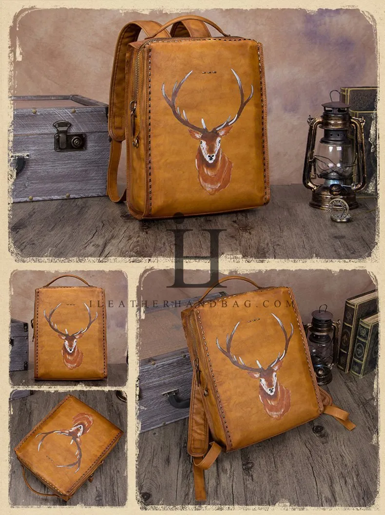 14" Handmade Ladies Leather Womens Backpack Reindeer Tooled Leather Rucksack Bag