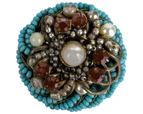 1950s Vintage Miriam Haskell Brooch Turquoise Beads w Faux Pearls