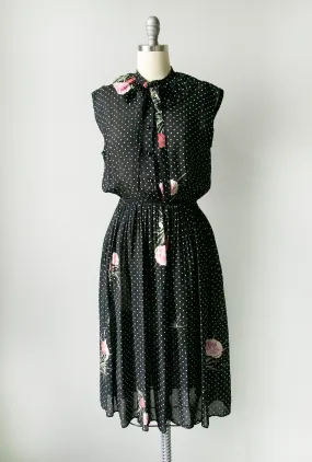 1970s Dress Polka Dot Dark Floral Sheer Chiffon S