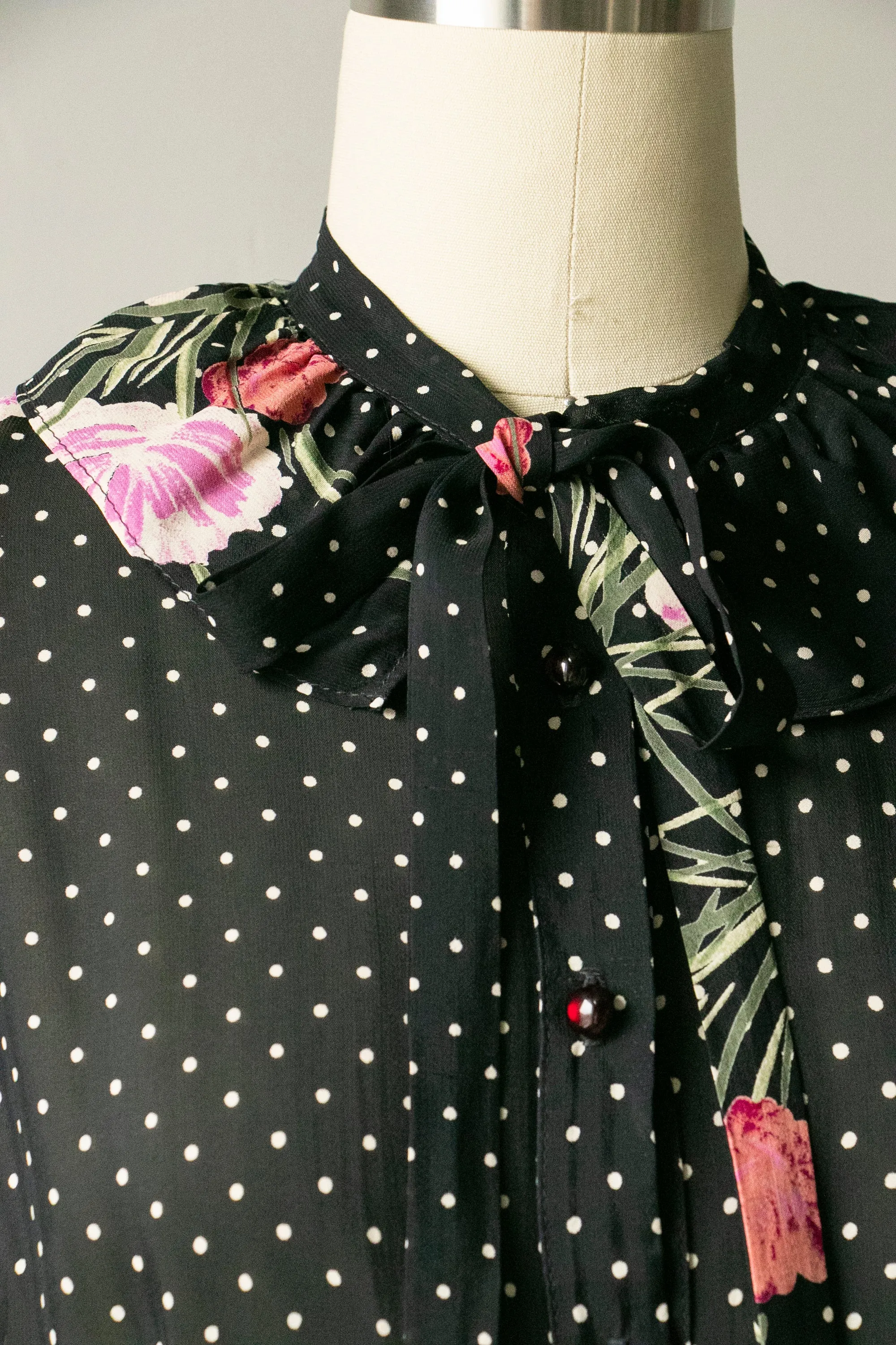 1970s Dress Polka Dot Dark Floral Sheer Chiffon S