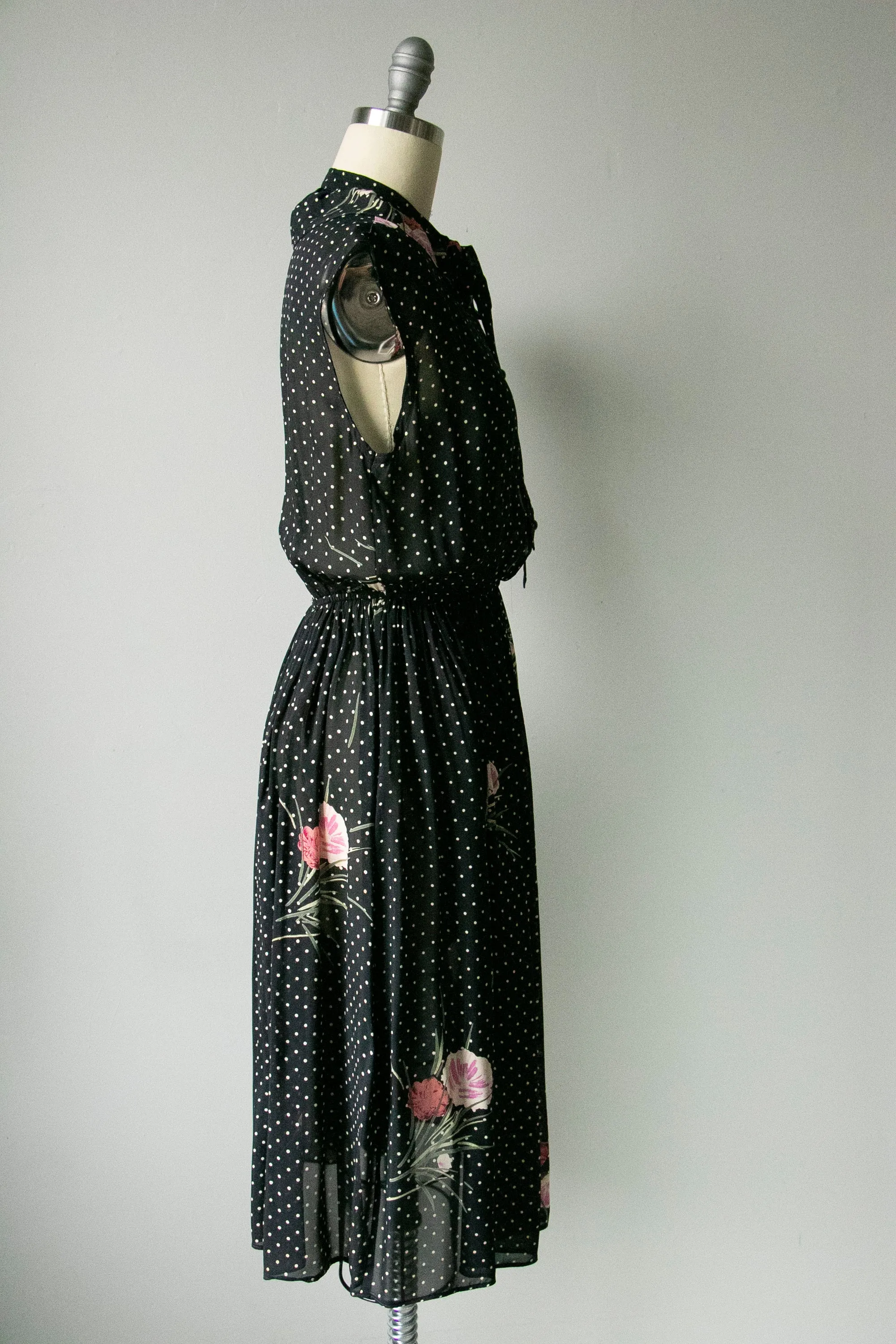 1970s Dress Polka Dot Dark Floral Sheer Chiffon S