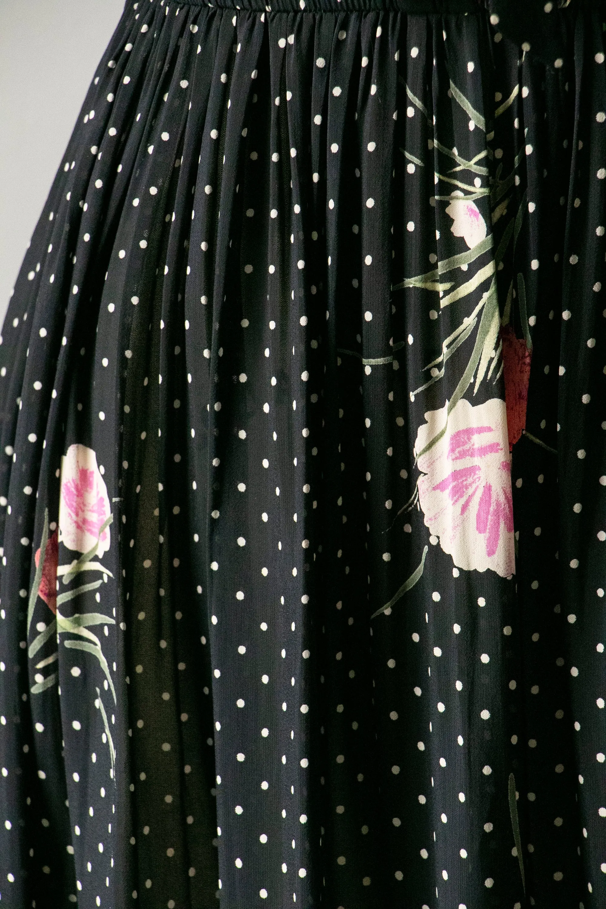 1970s Dress Polka Dot Dark Floral Sheer Chiffon S