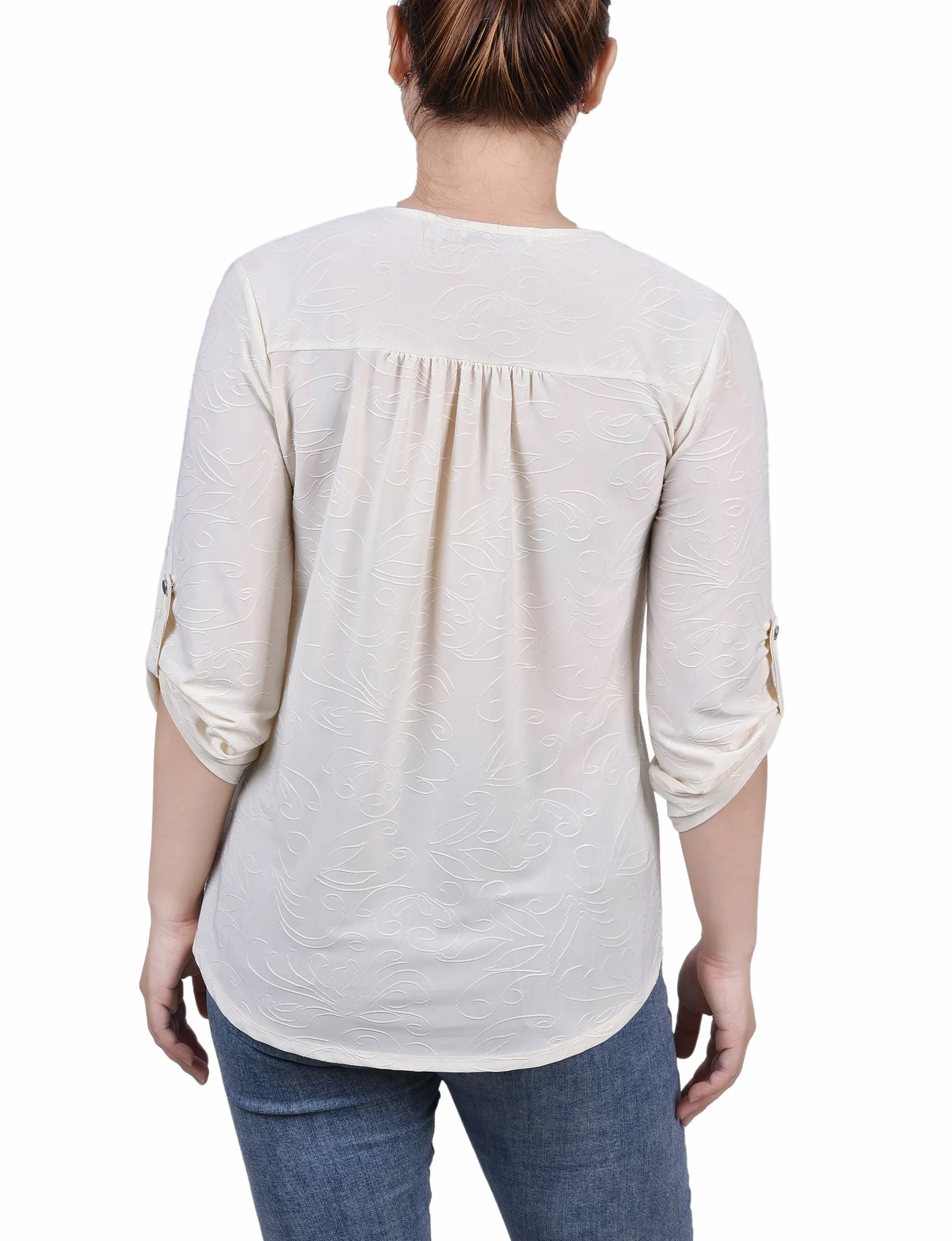 3/4 Roll Tab Zip Front Jacquard Knit Top