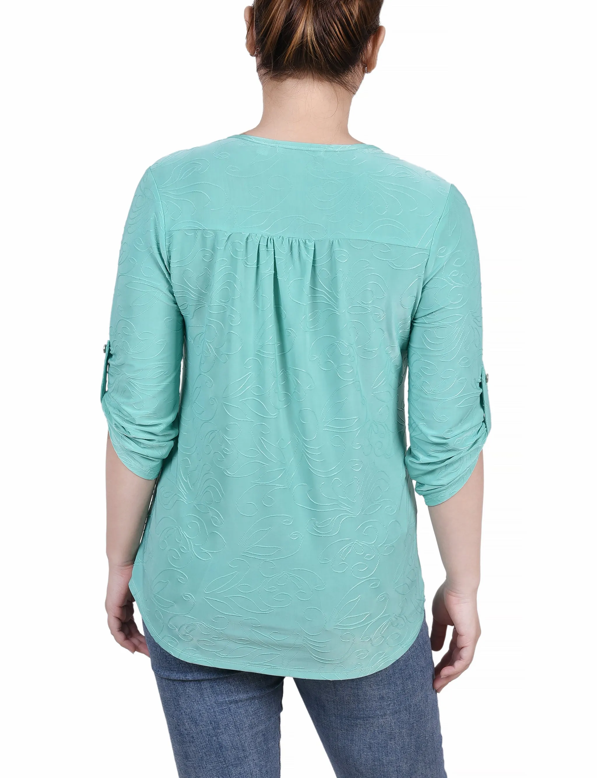 3/4 Roll Tab Zip Front Jacquard Knit Top