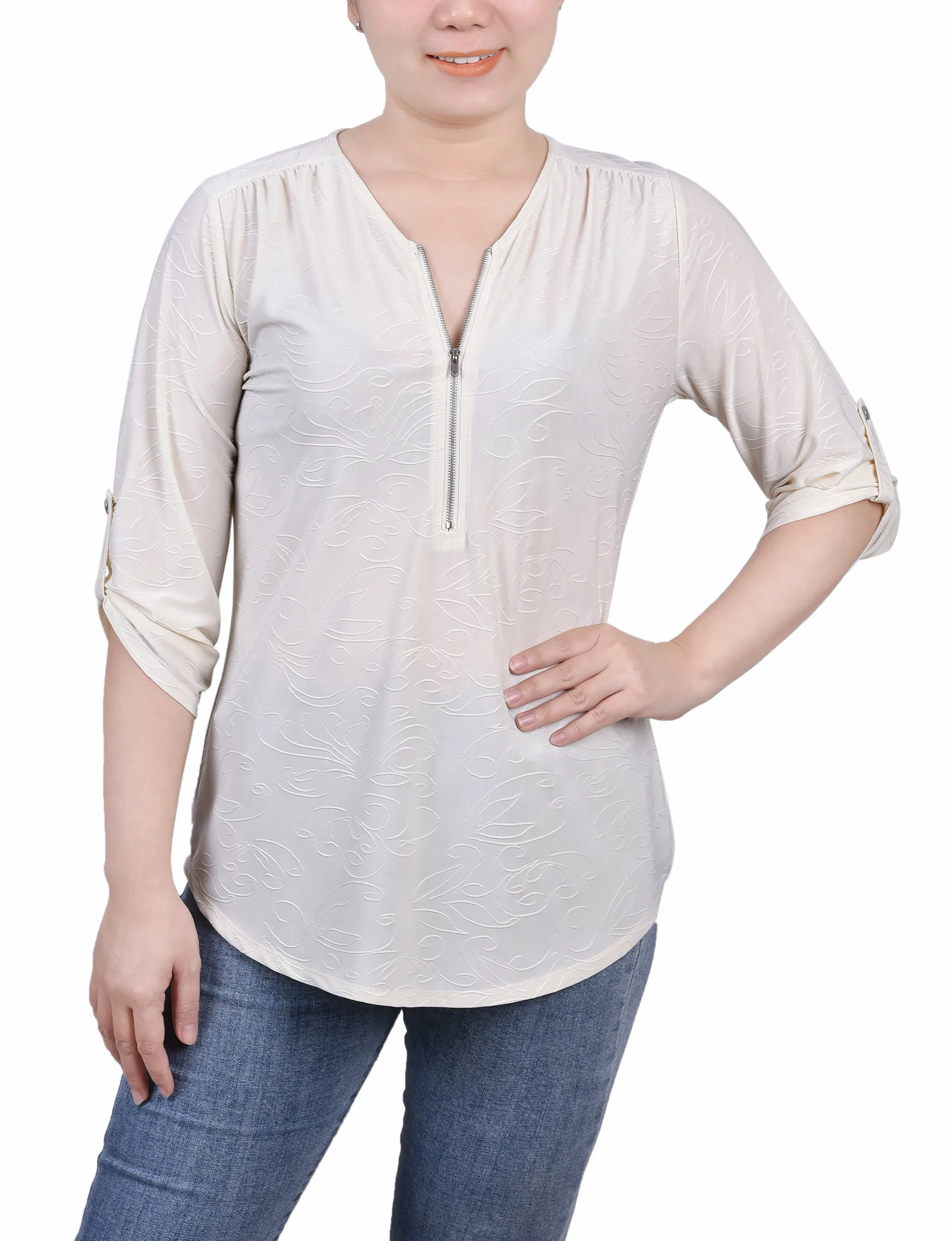 3/4 Roll Tab Zip Front Jacquard Knit Top