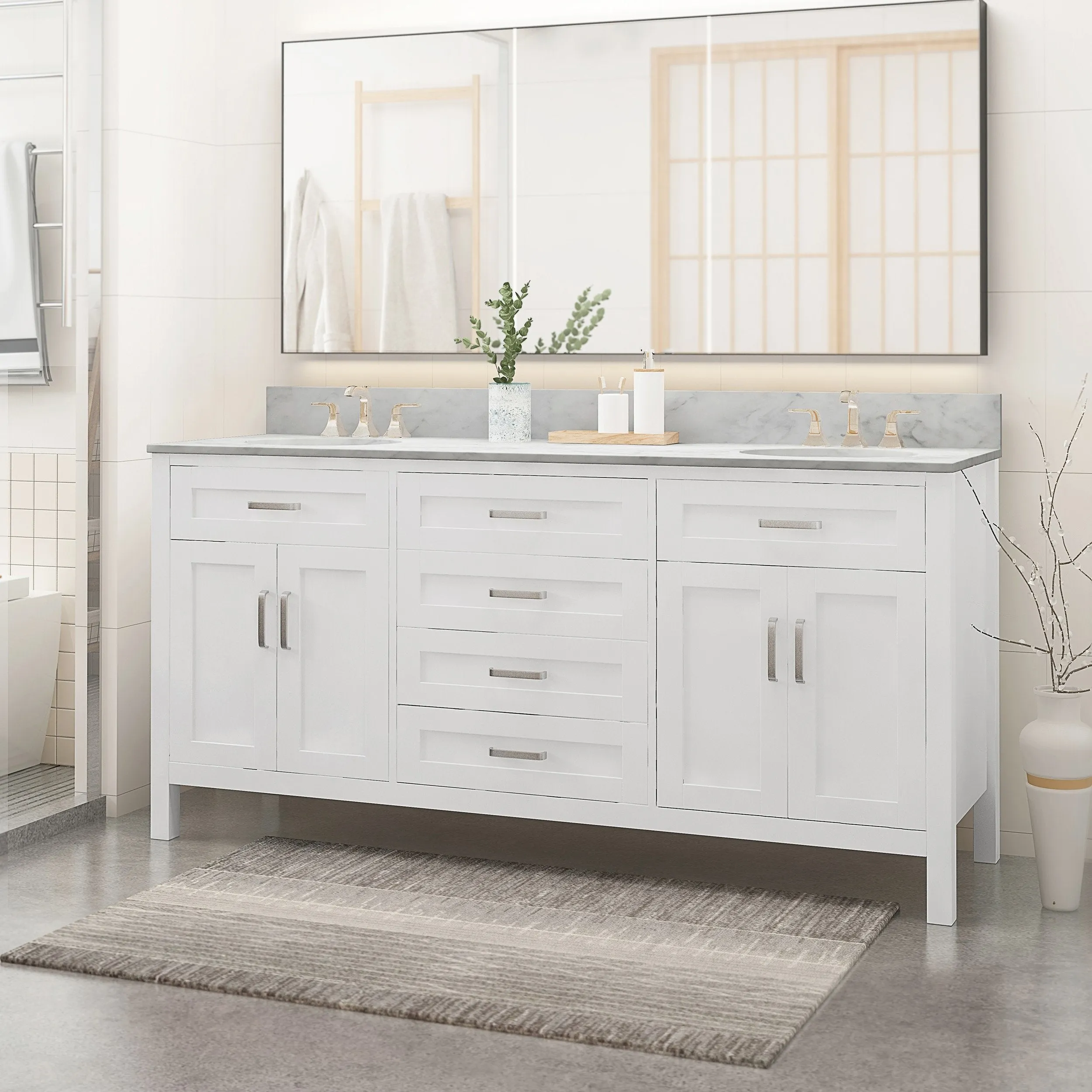 72" Wood Double Sink Bathroom Vanity with Marble Counter Top with Carrara White Marble - NH019703