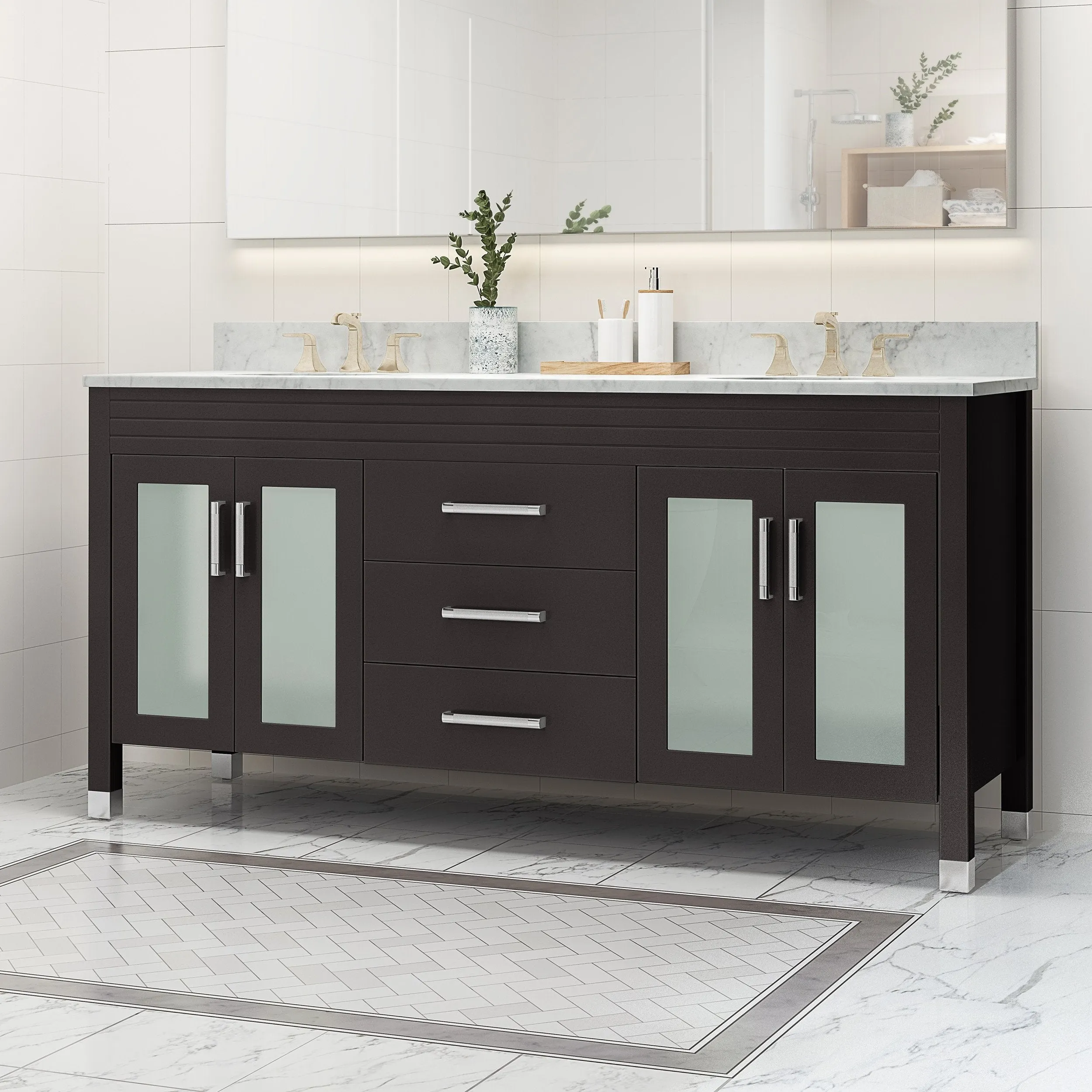 72" Wood Double Sink Bathroom Vanity with Marble Counter Top with Carrara White Marble - NH919703