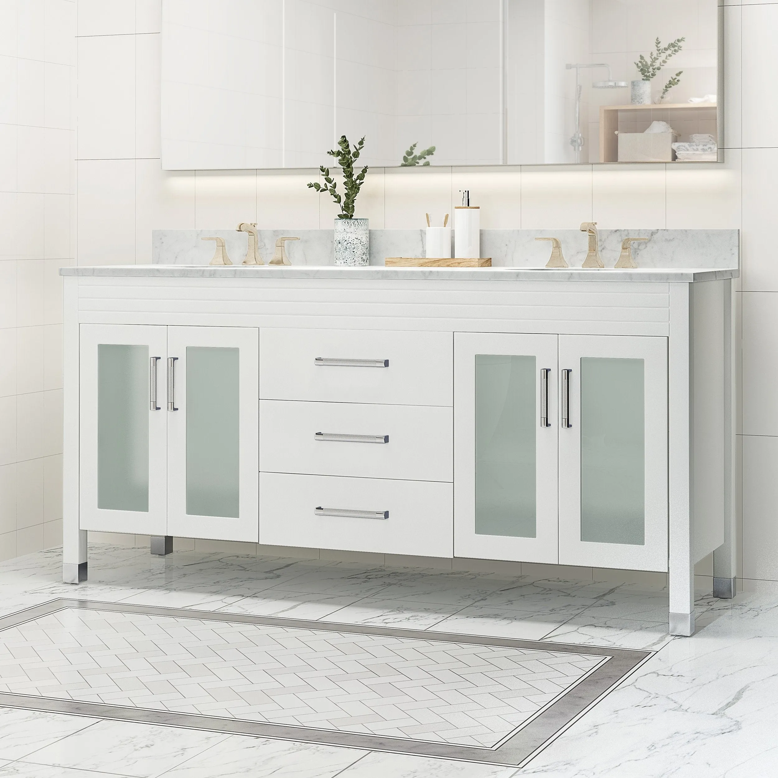 72" Wood Double Sink Bathroom Vanity with Marble Counter Top with Carrara White Marble - NH919703