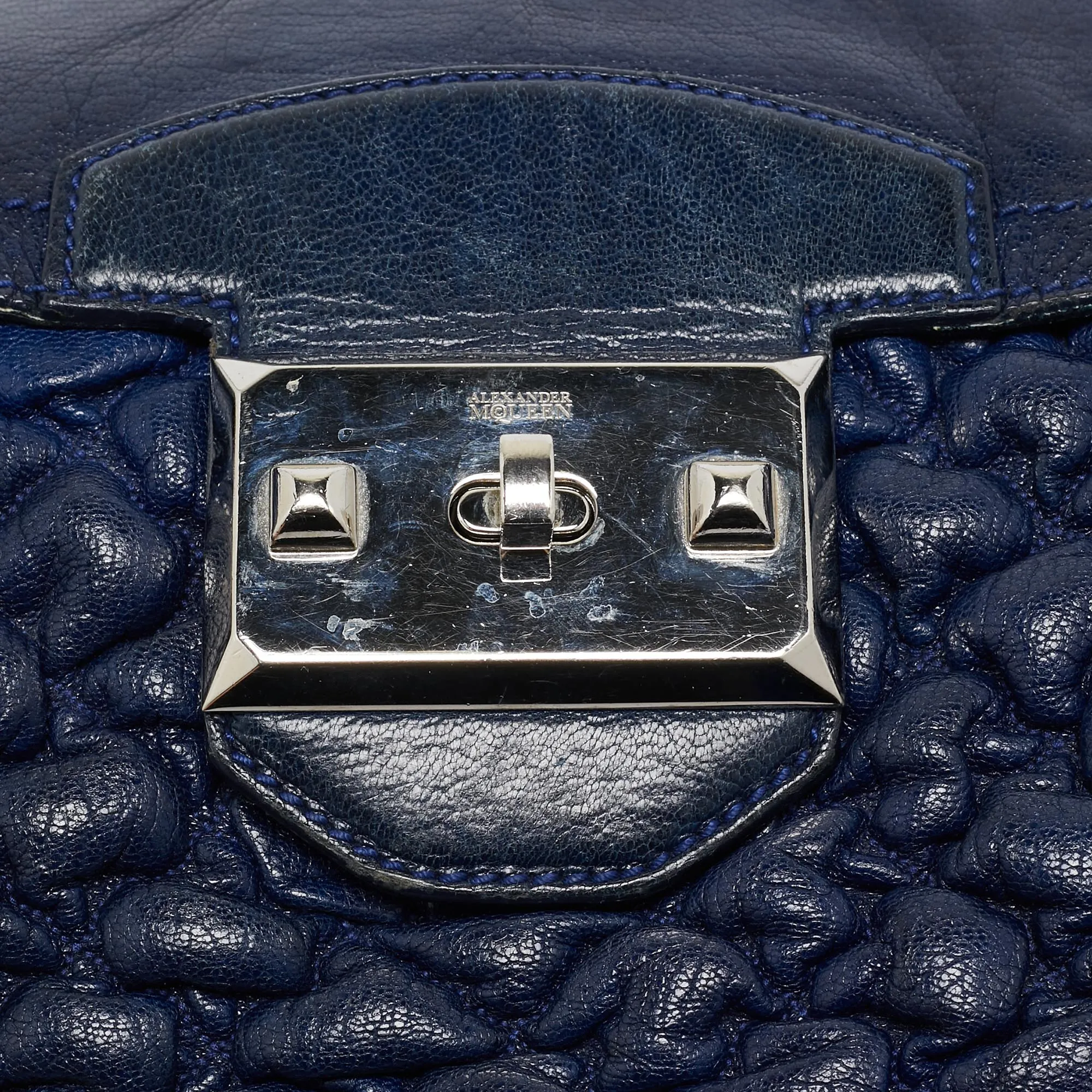 ALEXANDER MCQUEEN Navy Blue Quilted Leather Chain Flap Bag