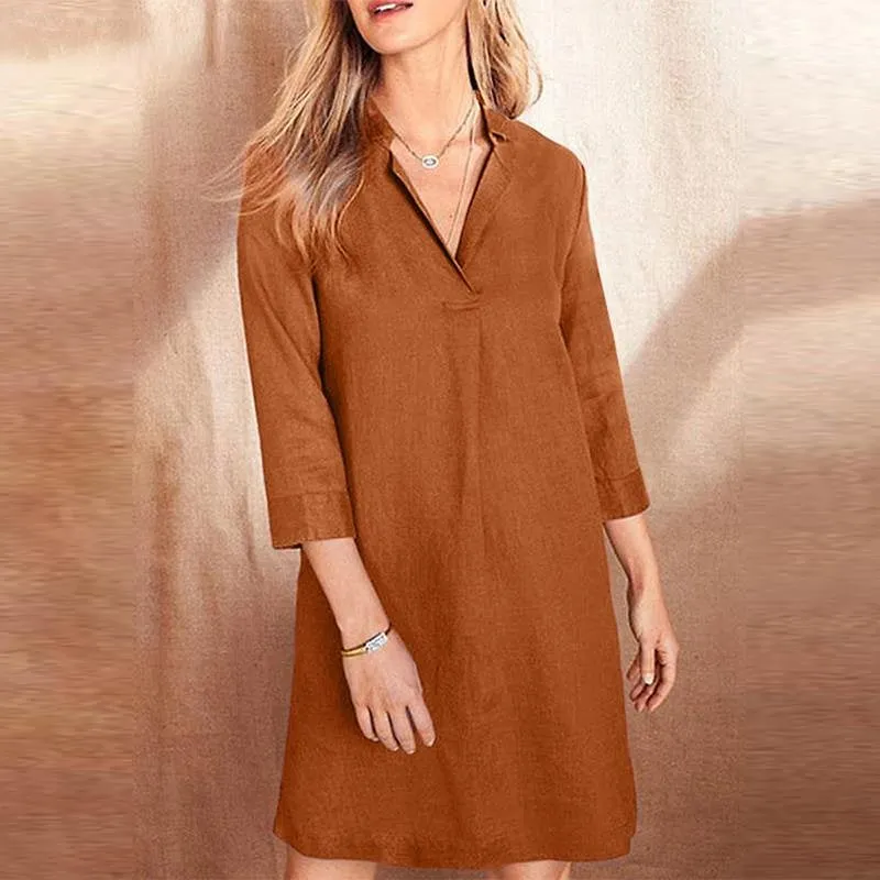 Amy Fashion - Cotton Lapel Neck Solid Color Elegant Dress