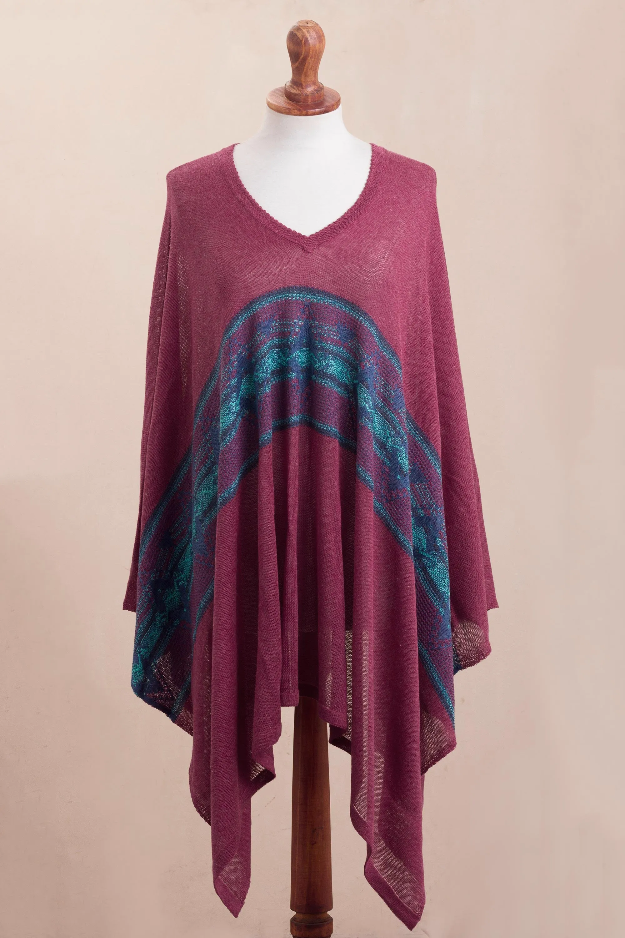 Andean Charm Cotton Blend Poncho in Cerise and Blue from Peru