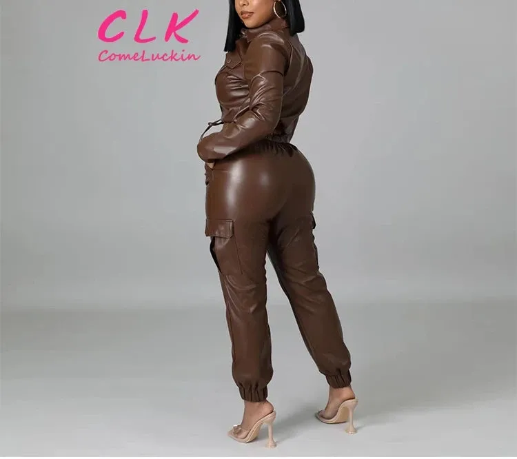 Autumn Hot Selling Fashion Slim Multiple Pockets Tracksuit Women Fleece Leather 2pc Tracksuit Women