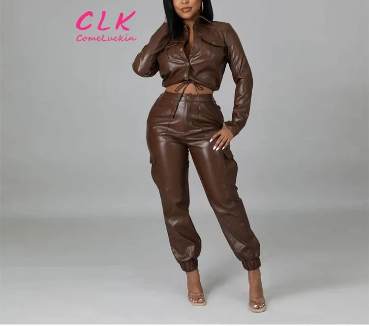 Autumn Hot Selling Fashion Slim Multiple Pockets Tracksuit Women Fleece Leather 2pc Tracksuit Women