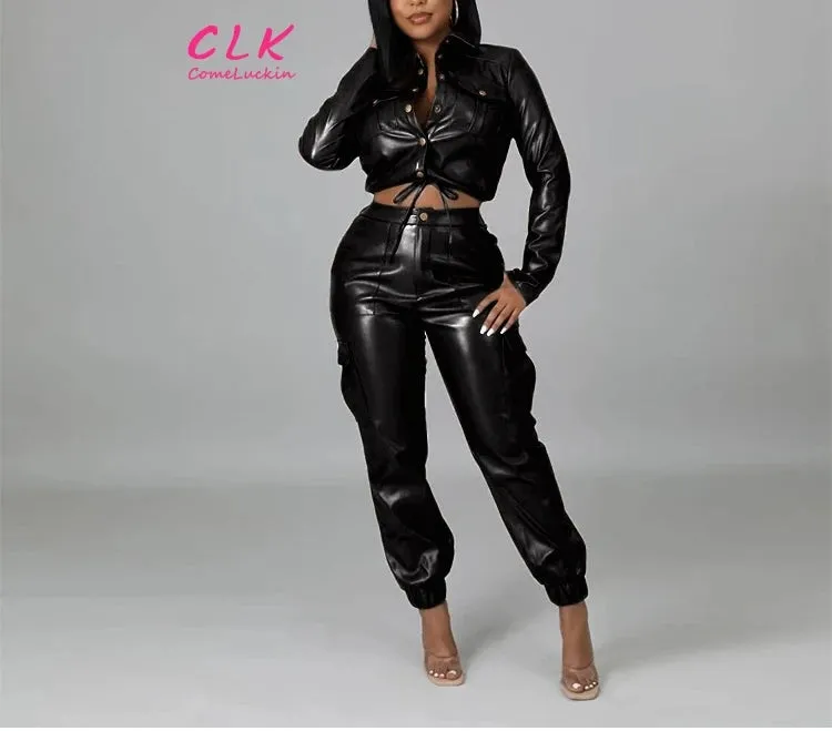 Autumn Hot Selling Fashion Slim Multiple Pockets Tracksuit Women Fleece Leather 2pc Tracksuit Women