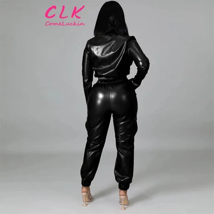 Autumn Hot Selling Fashion Slim Multiple Pockets Tracksuit Women Fleece Leather 2pc Tracksuit Women