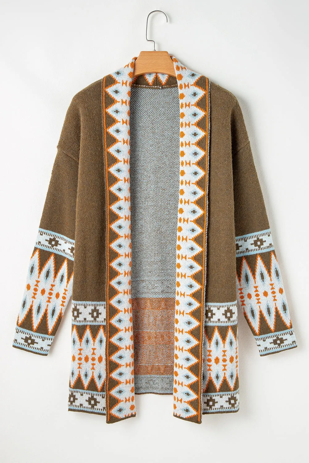 Aztec Print Open Front Knitted Cardigan