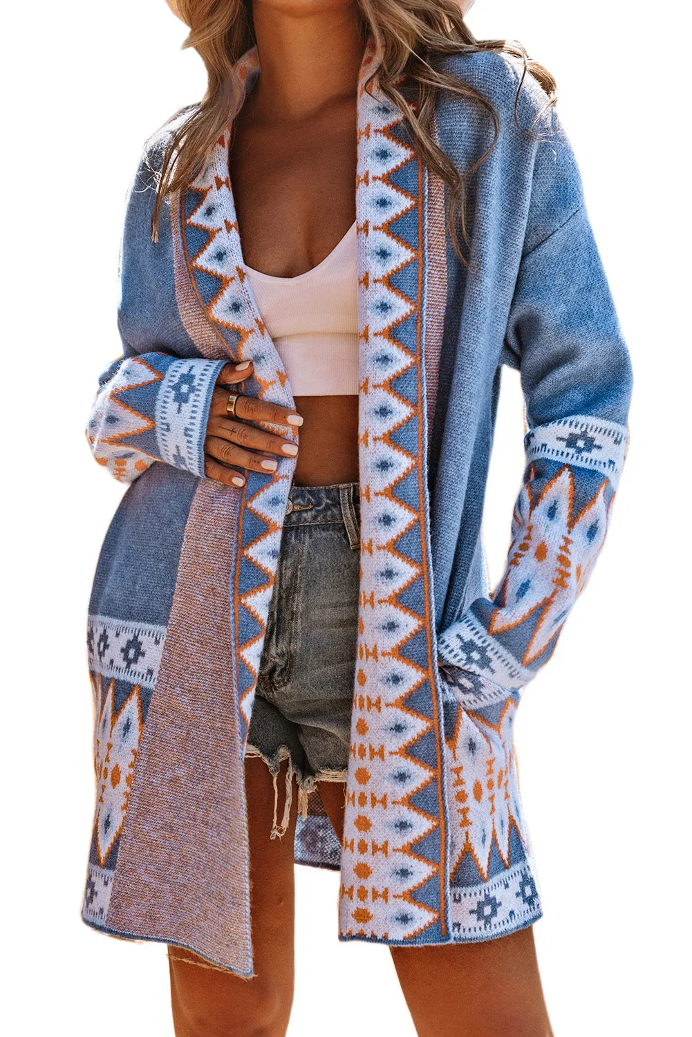 Aztec Print Open Front Knitted Cardigan