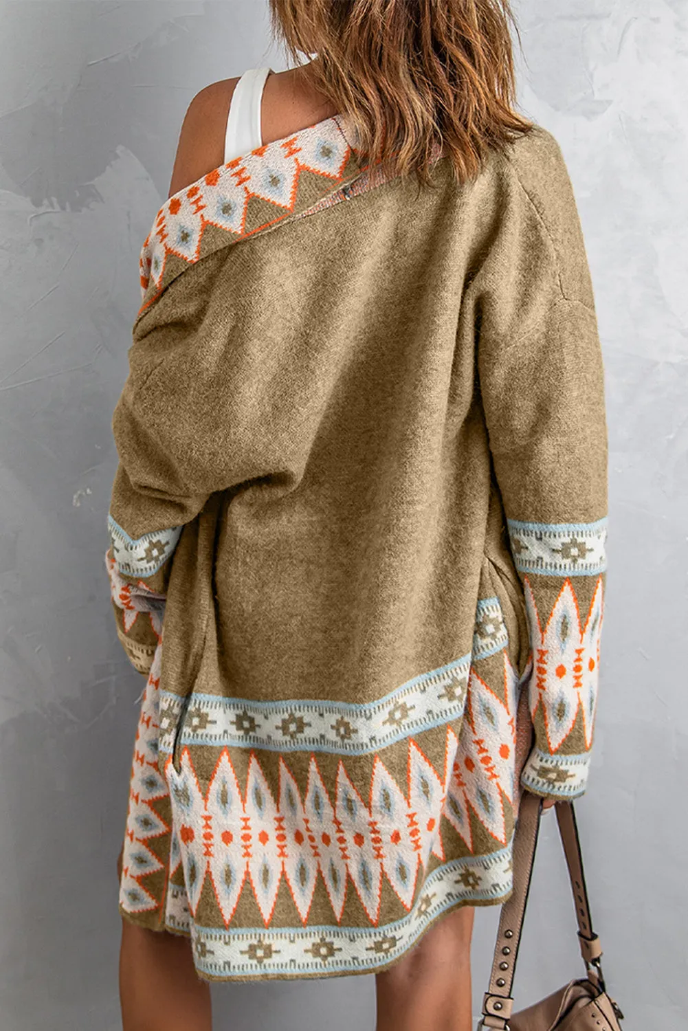 Aztec Print Open Front Knitted Cardigan