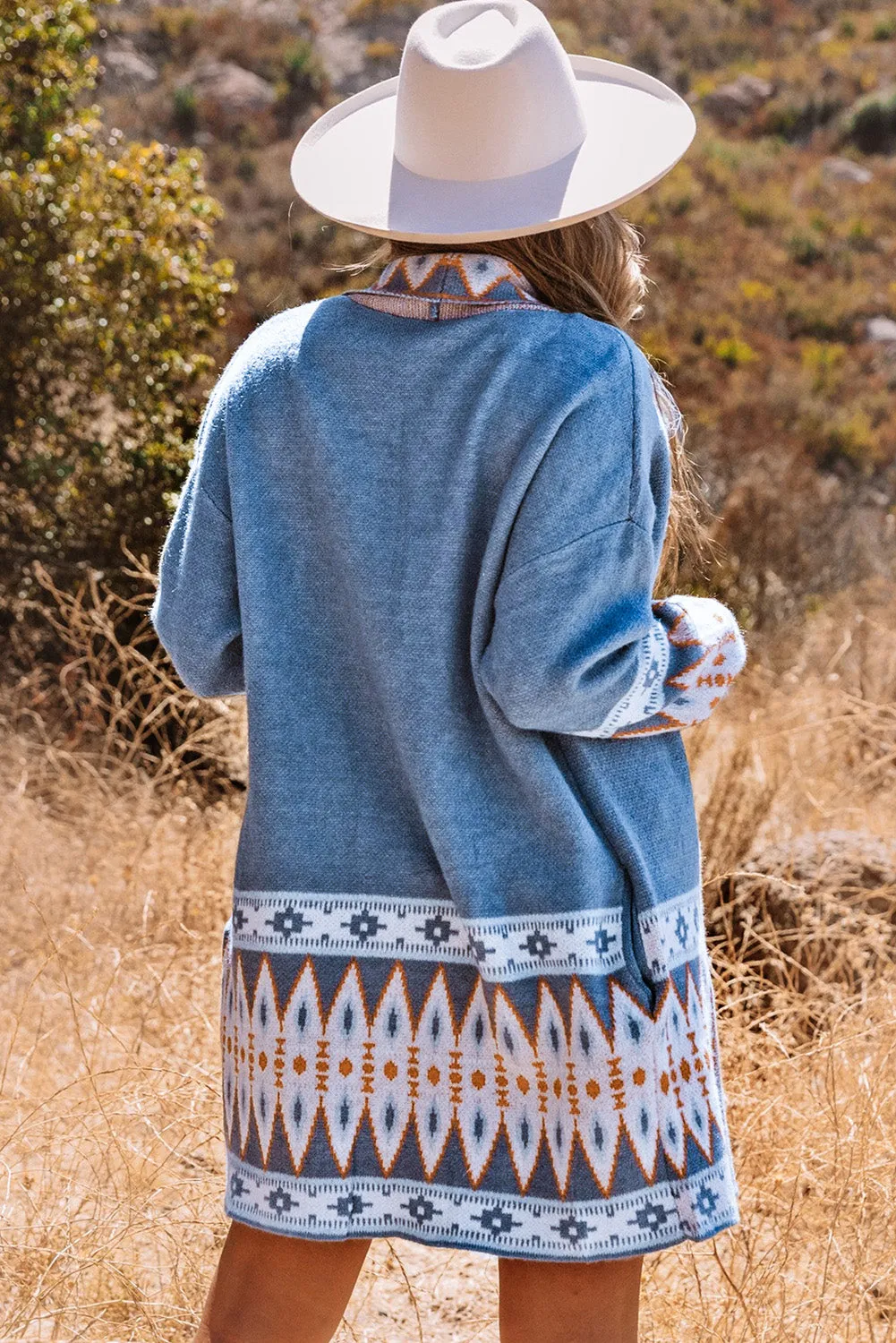 Aztec Print Open Front Knitted Cardigan