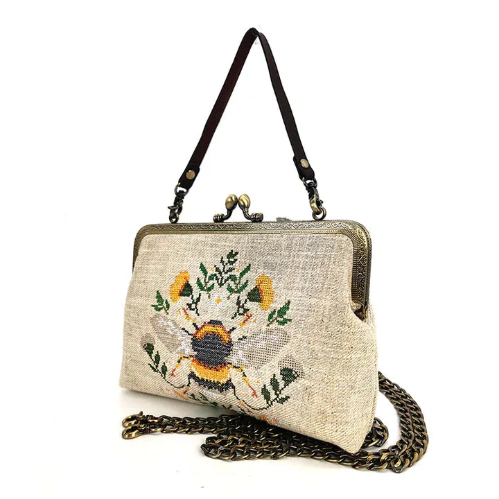 Beige Vintage Bee Kisslock Bag