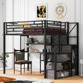 Bellemave® Full Size Metal Loft Bed with Wardrobe, Desk, Storage Shelves