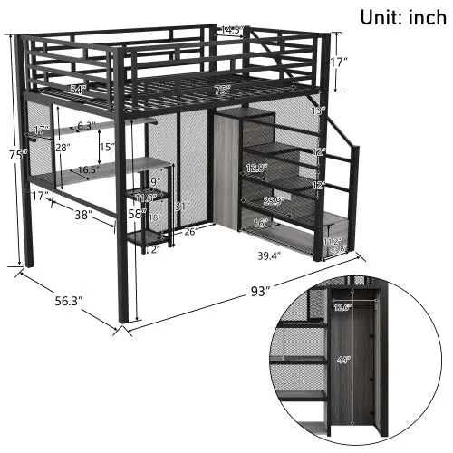 Bellemave® Full Size Metal Loft Bed with Wardrobe, Desk, Storage Shelves