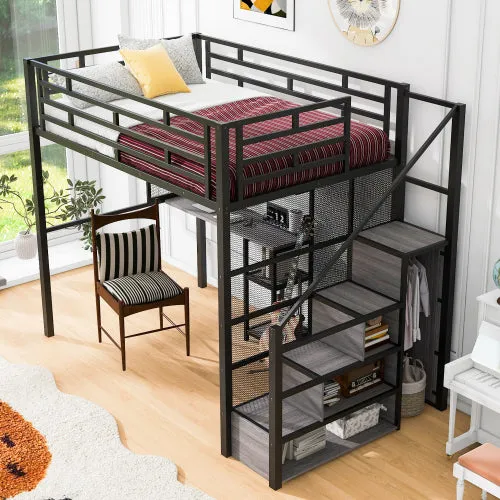 Bellemave® Full Size Metal Loft Bed with Wardrobe, Desk, Storage Shelves