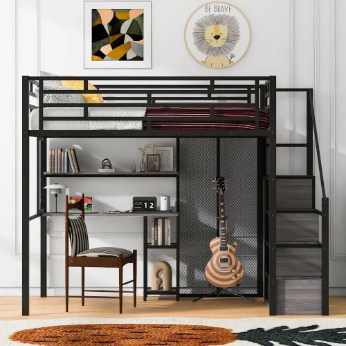 Bellemave® Full Size Metal Loft Bed with Wardrobe, Desk, Storage Shelves