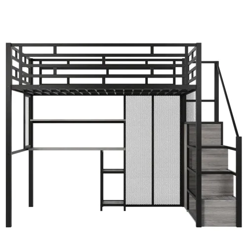 Bellemave® Full Size Metal Loft Bed with Wardrobe, Desk, Storage Shelves