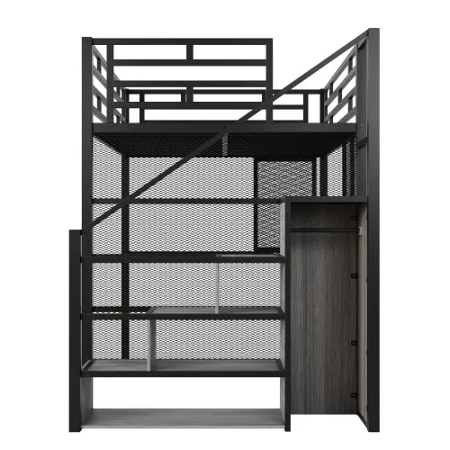 Bellemave® Full Size Metal Loft Bed with Wardrobe, Desk, Storage Shelves