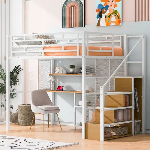 Bellemave® Full Size Metal Loft Bed with Wardrobe, Desk, Storage Shelves