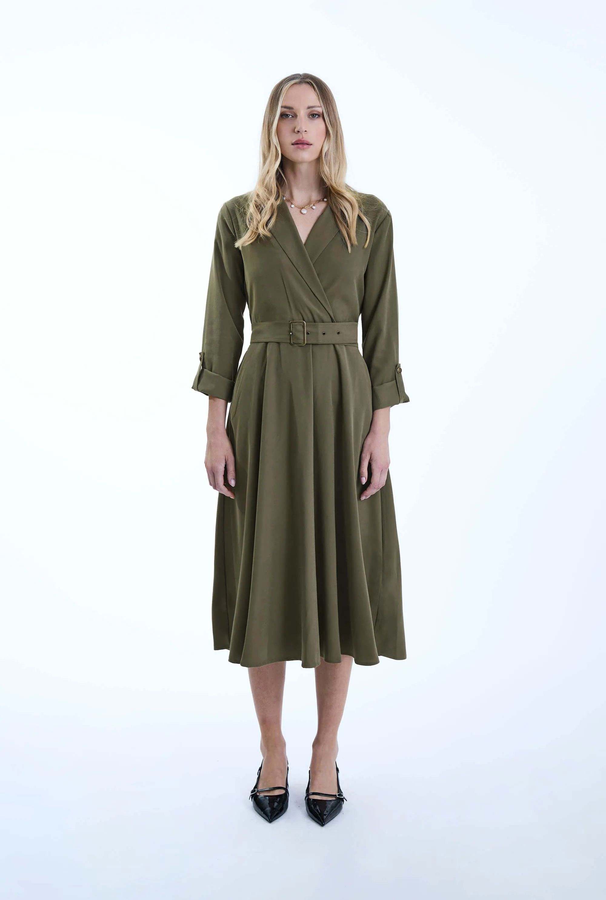 Belted Green Suit Midi Dress