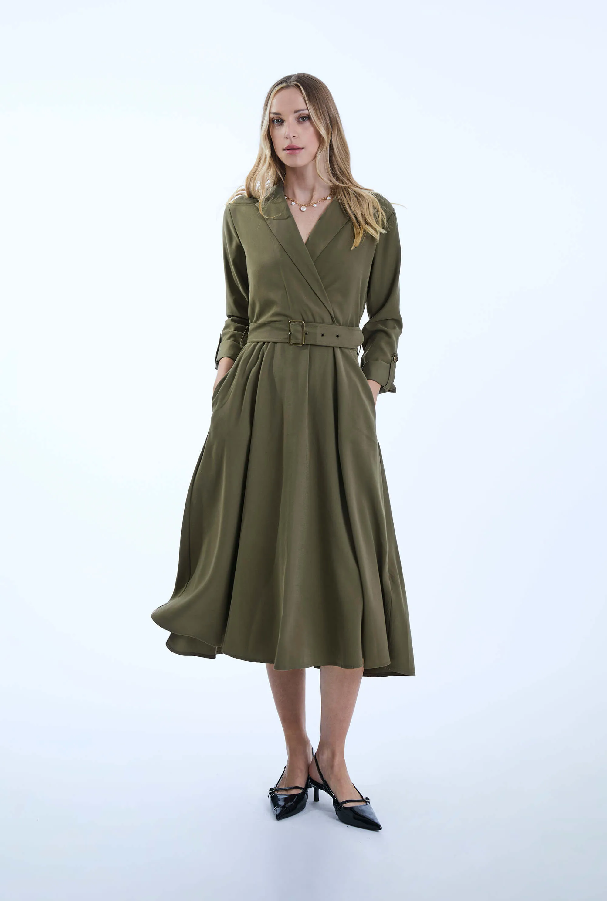 Belted Green Suit Midi Dress