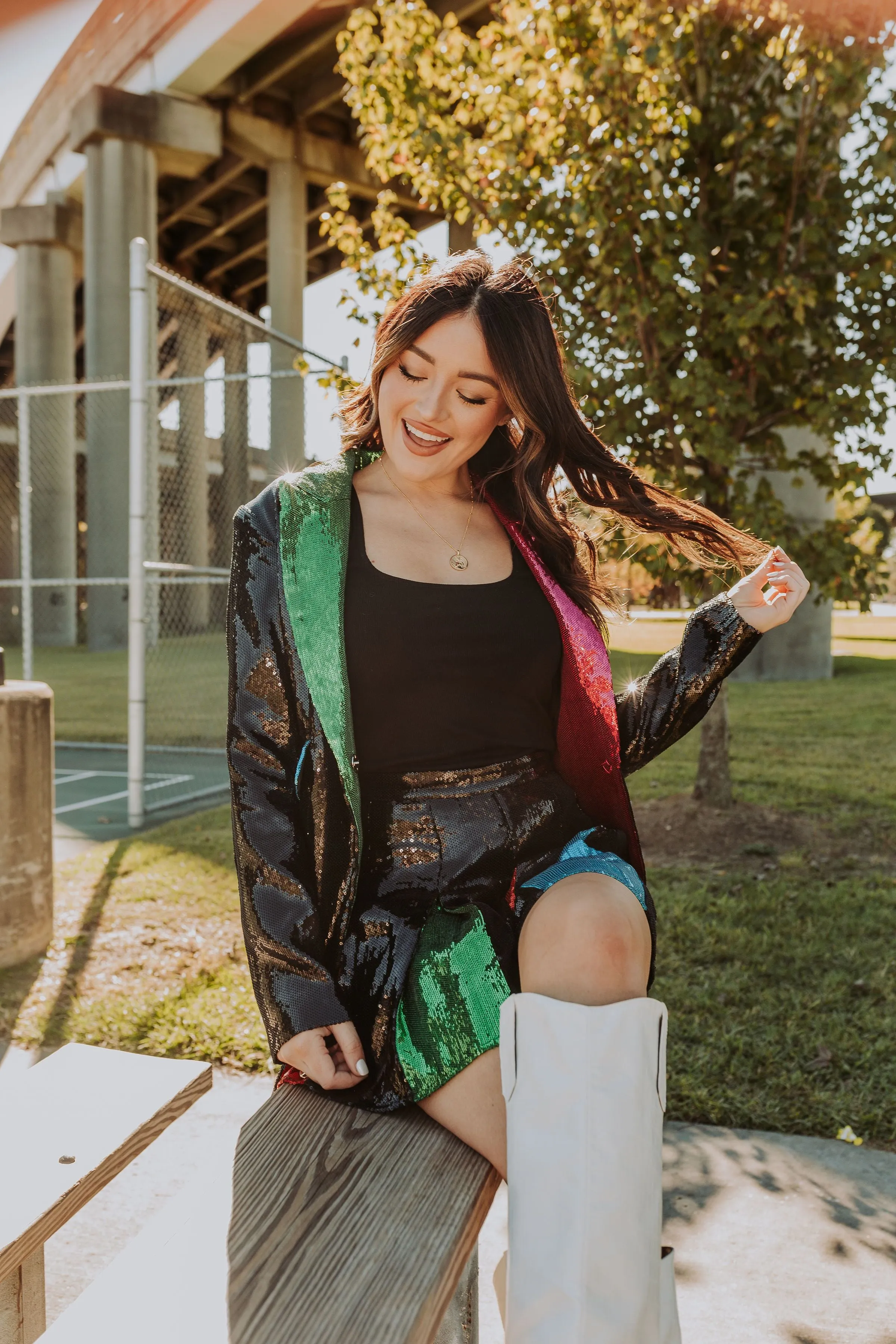 Black Sequin Colorblock Lapel Blazer