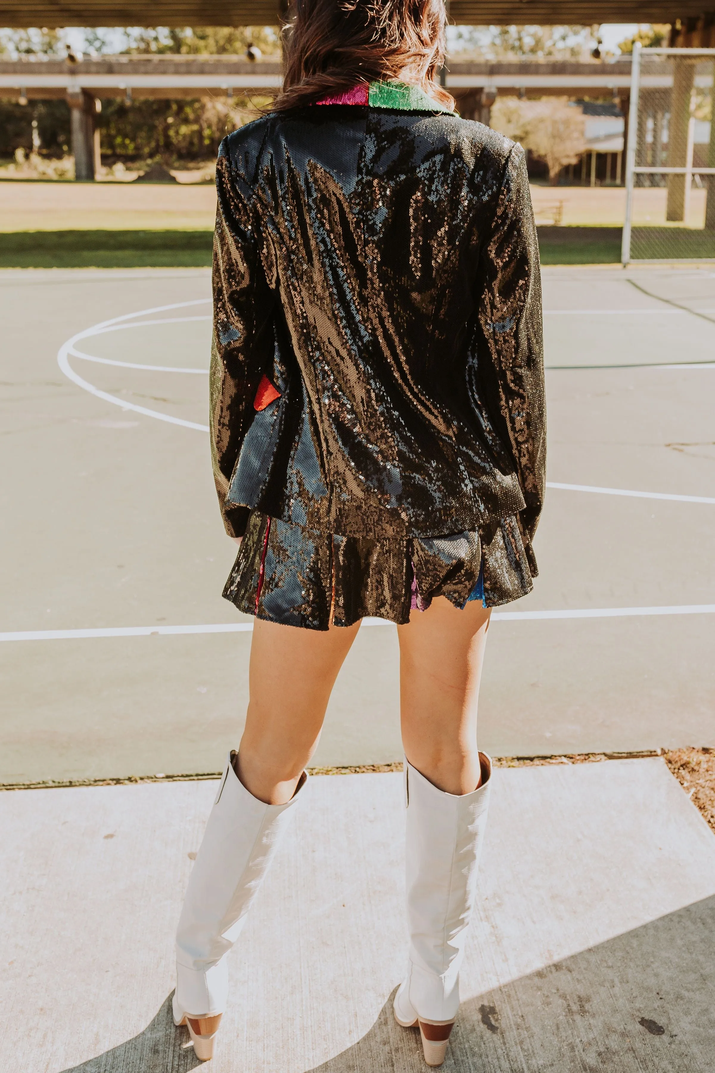 Black Sequin Colorblock Lapel Blazer