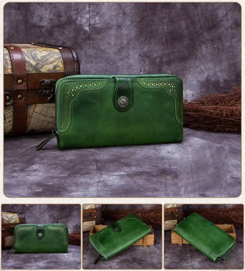 Black Vintage womens Leather Bifold Wallet Green Phone Wallet Red Zipper Wallet for Ladies