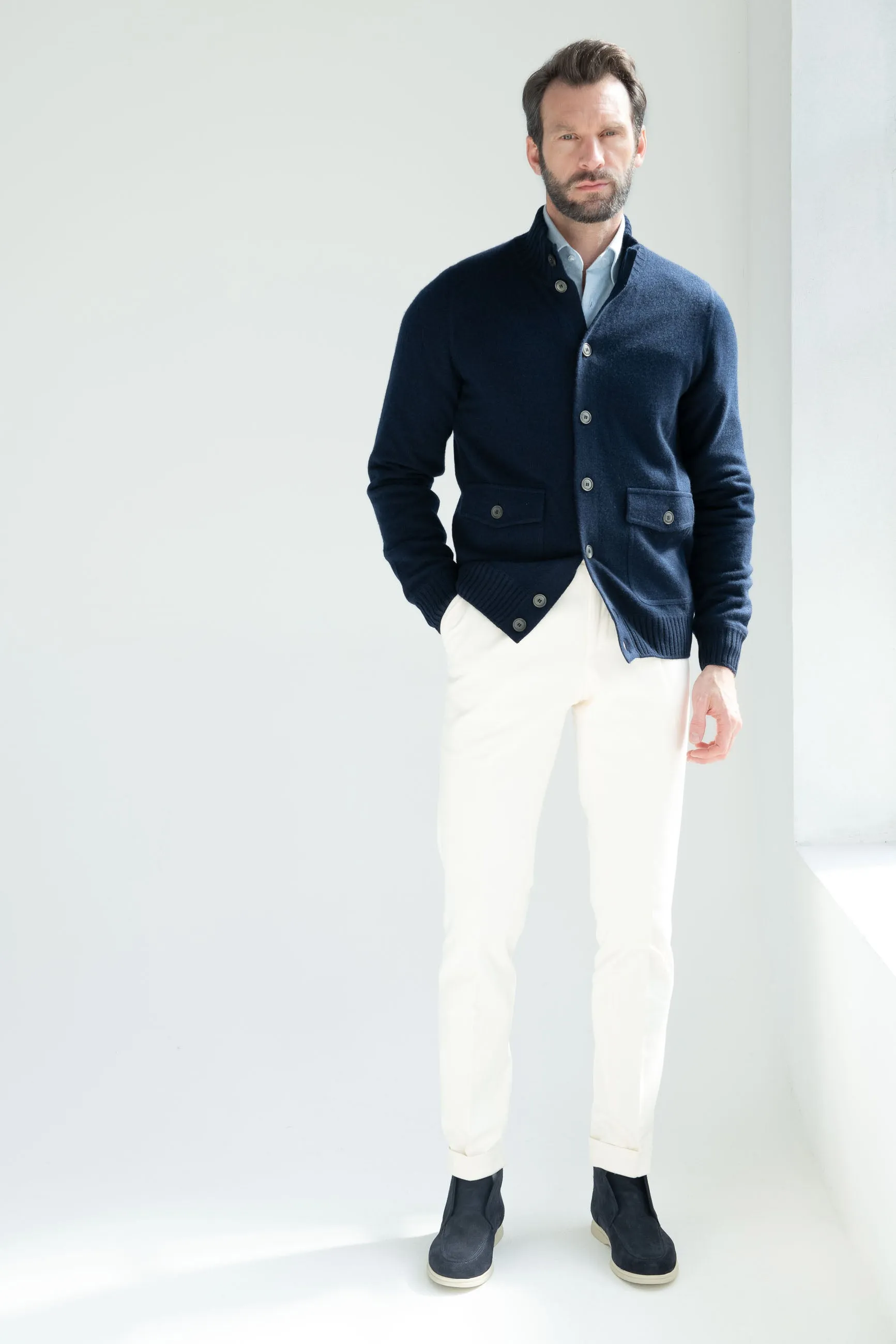 Blue Cashmere Knitted Bomber – Made in Italy