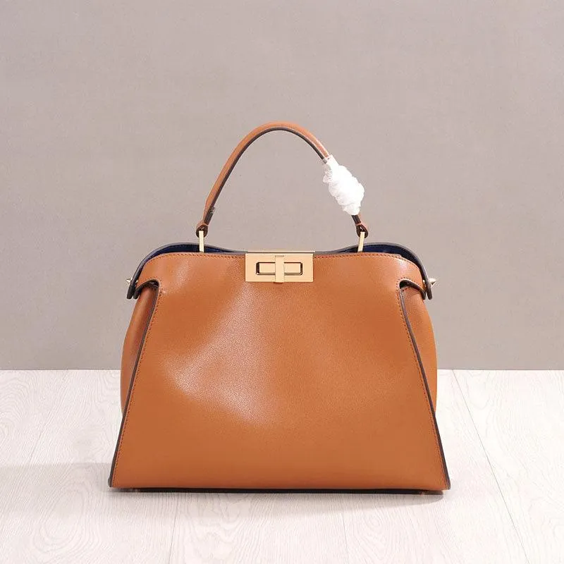 Calfskin Leather Bag 2-Way Italian Leather Twist-lock Shoulder Bag, Designer Bag, Classic Shoulder Bag, Genuine Leather Tote