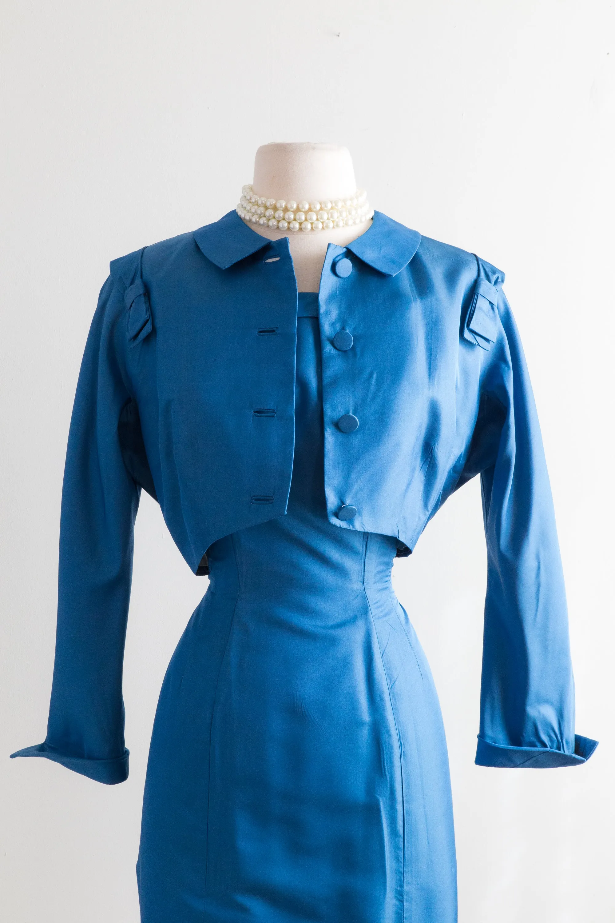 Cerulean Blue 1950's Wiggle Dress and Jacket By Abe Schrader / Waist 30