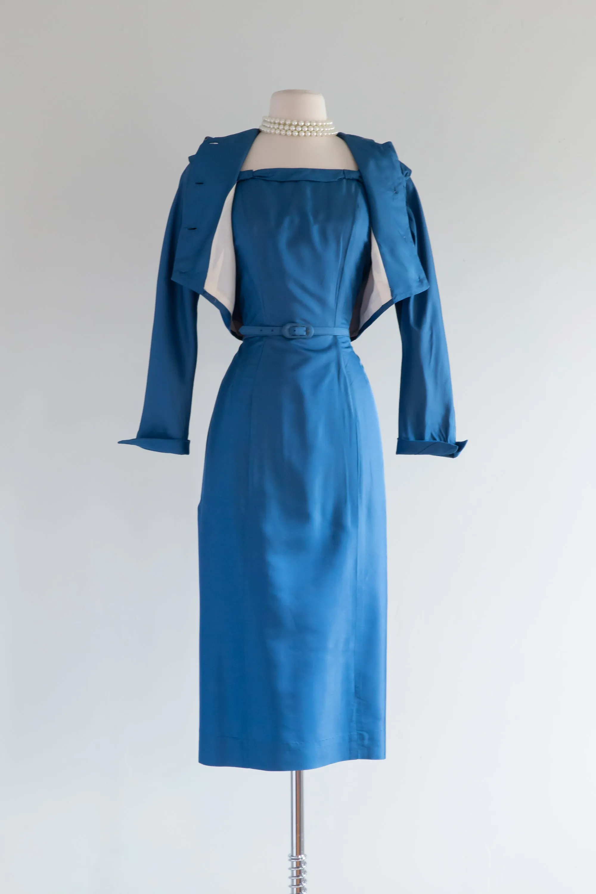 Cerulean Blue 1950's Wiggle Dress and Jacket By Abe Schrader / Waist 30