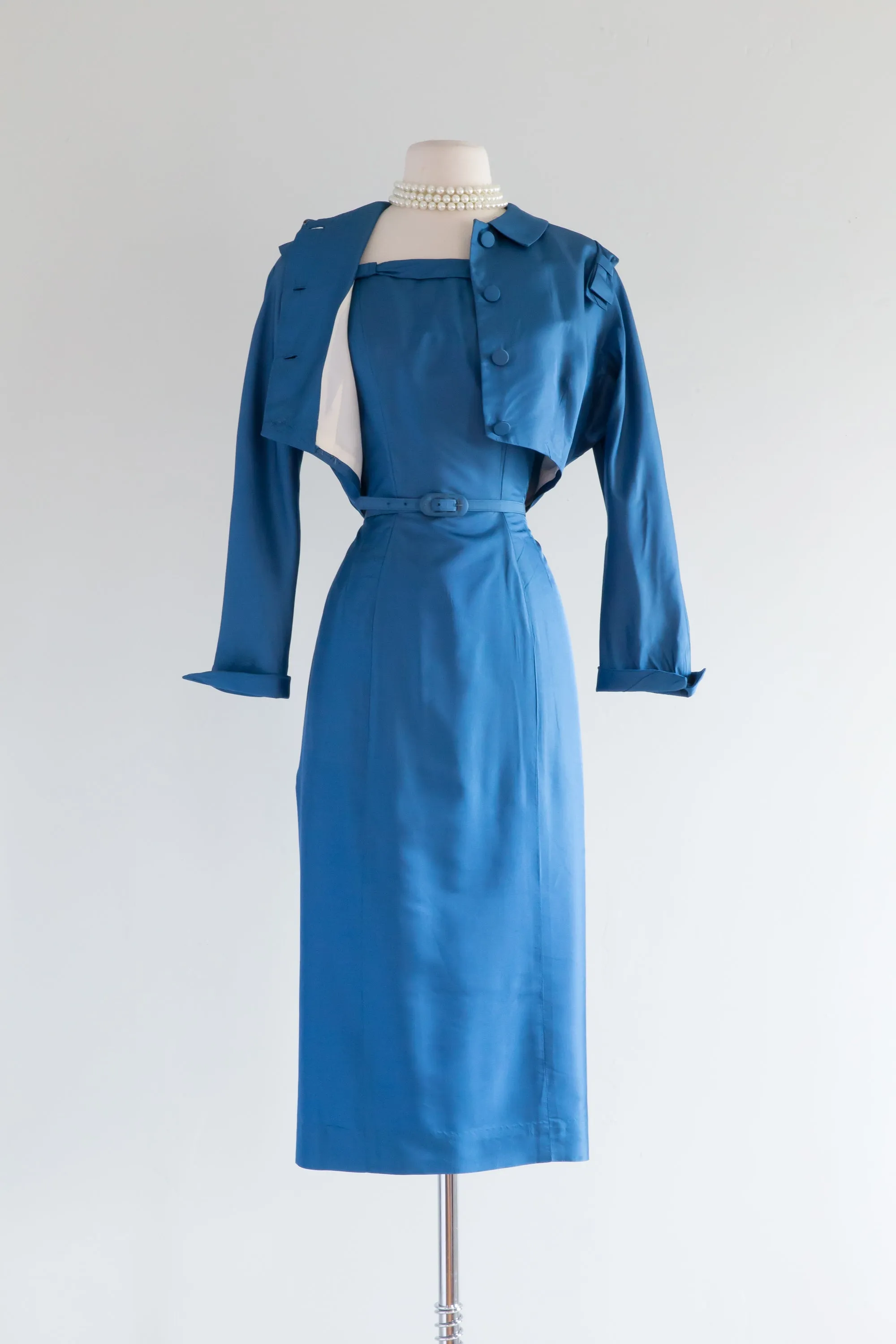 Cerulean Blue 1950's Wiggle Dress and Jacket By Abe Schrader / Waist 30