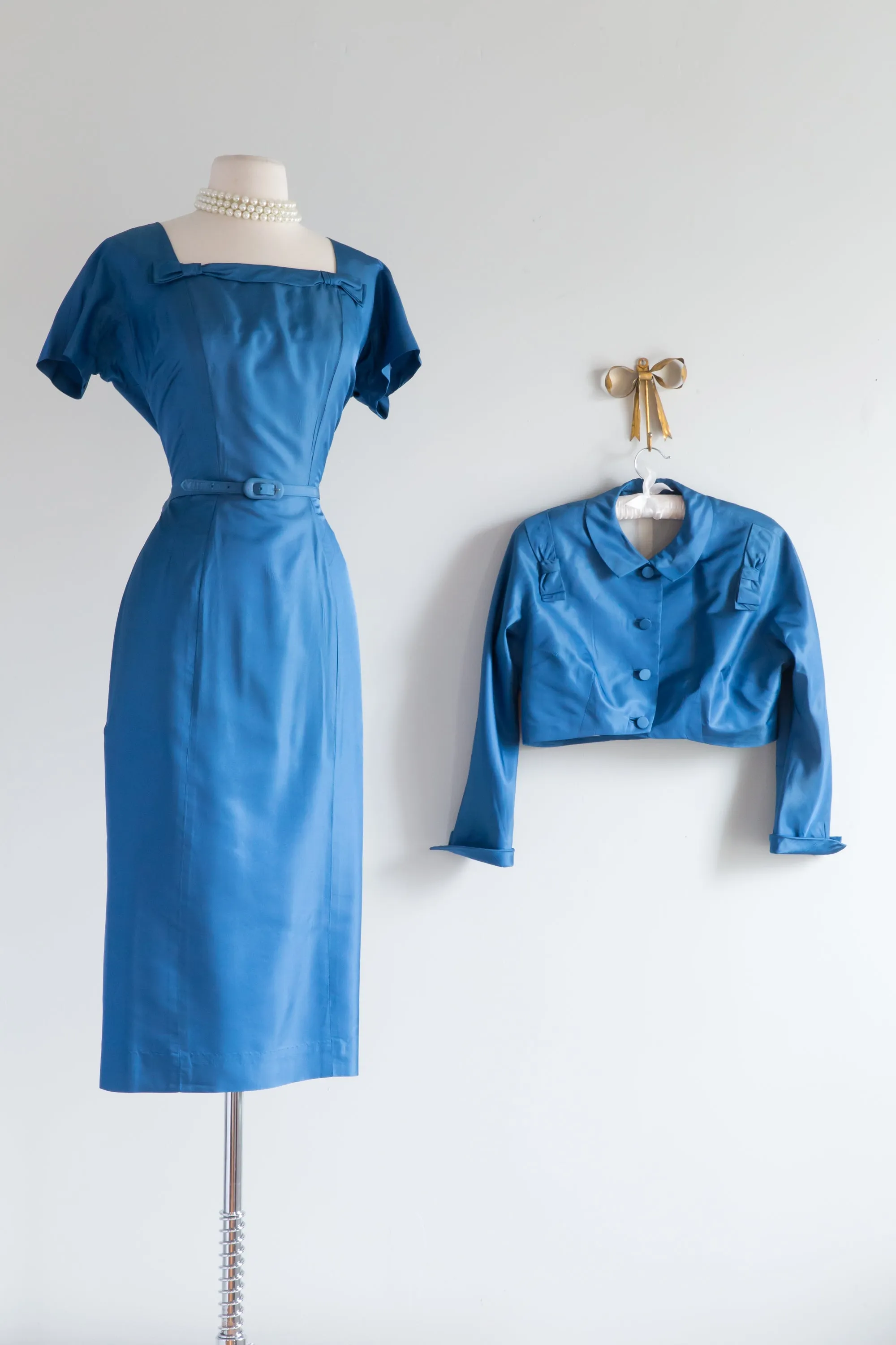 Cerulean Blue 1950's Wiggle Dress and Jacket By Abe Schrader / Waist 30