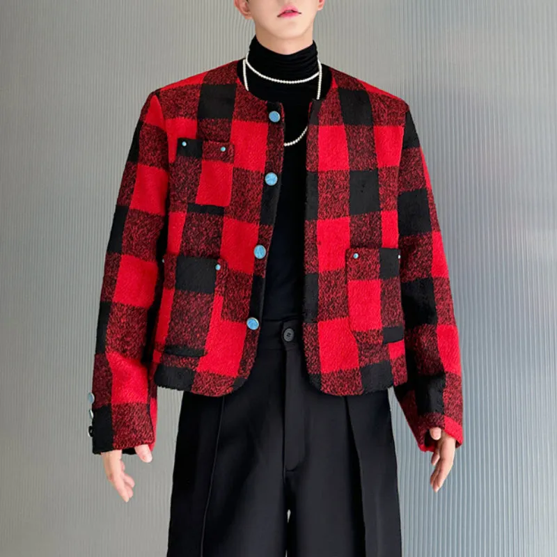 Checked Cropped Collarless Jacket