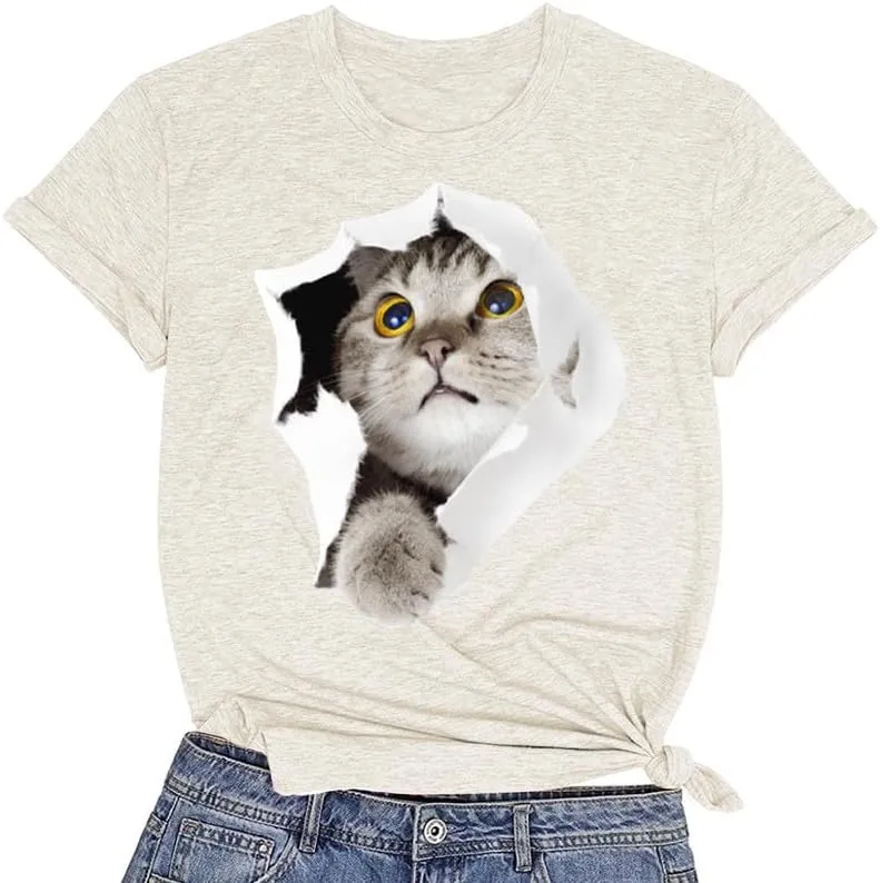 CORIRESHA Women's Cute T-Shirt Summer Short Sleeve Crew Neck Casual Cat Lovers Clothing