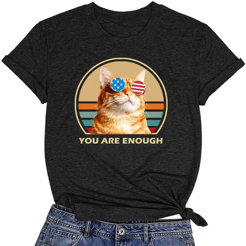 CORIRESHA You are Enough Teens Cute T-Shirts Casual Short Sleeve Loose Cat Lovers Clothing