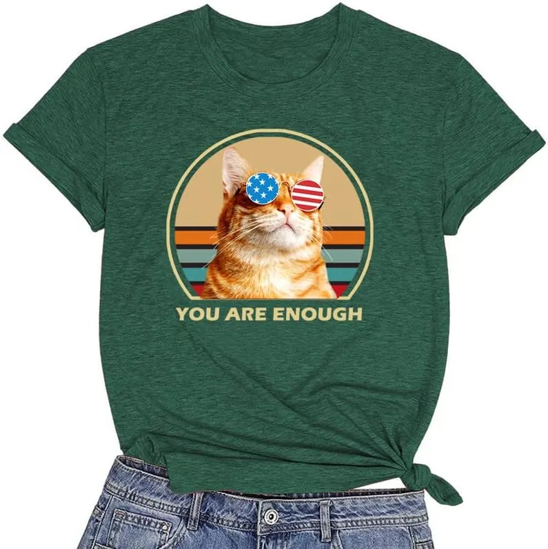 CORIRESHA You are Enough Teens Cute T-Shirts Casual Short Sleeve Loose Cat Lovers Clothing