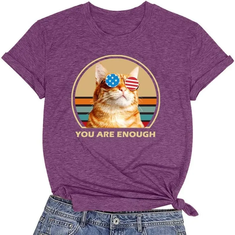 CORIRESHA You are Enough Teens Cute T-Shirts Casual Short Sleeve Loose Cat Lovers Clothing