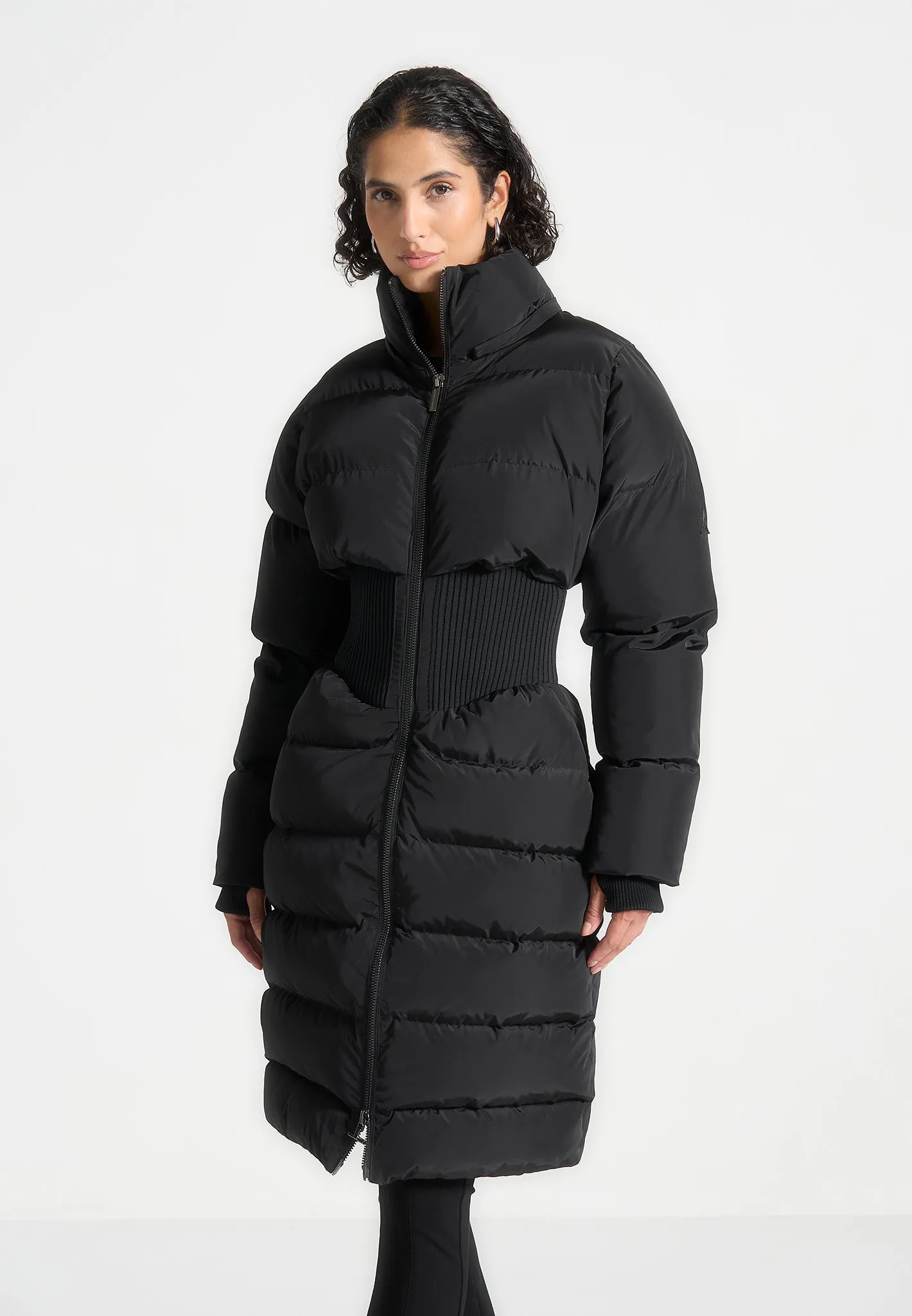 Corset Detail Longline Puffer Coat - Black