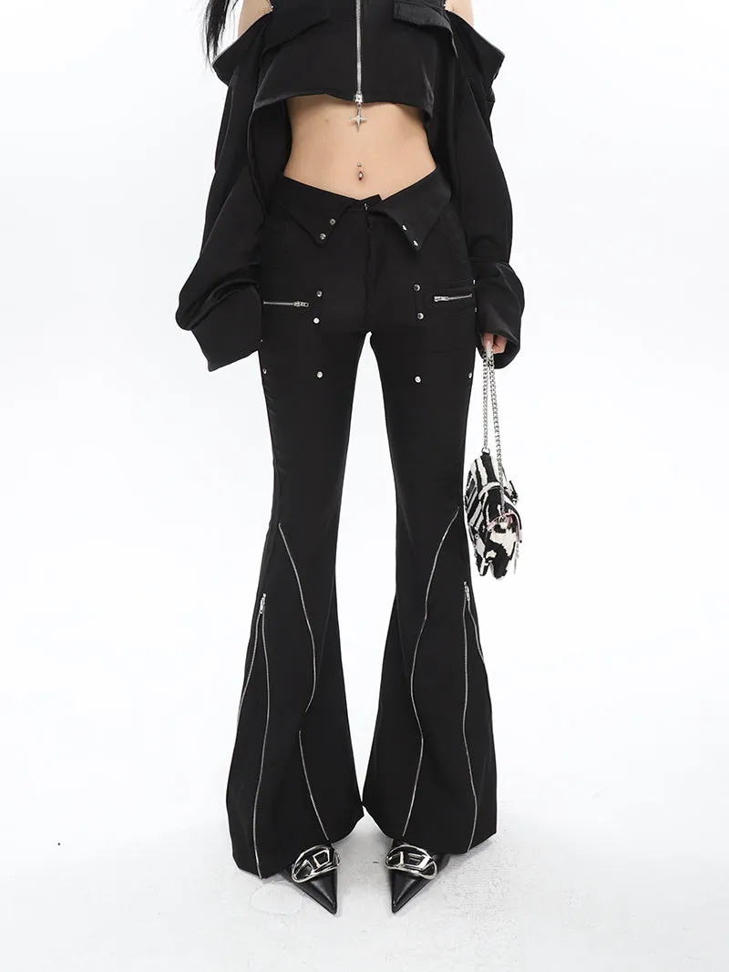 Eline Solid Color Black Metal Multi-Zipper Slim Flared High Waist Pants